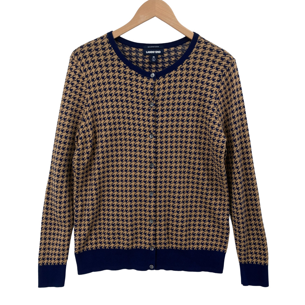 Lands' End Womens M 10-12 Supima Cotton Cardigan Sweater Houndstooth